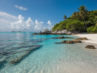 Obraz premium Tropical Beach with Palm Trees and Clear Water