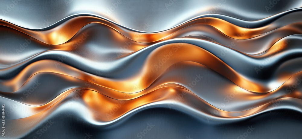 Poster abstract metallic waves with shimmering gold and silver textures in dynamic flow.