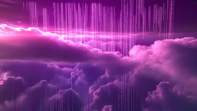 Ethereal clouds illuminated by purple light with cascading binary code in a surreal digital landscape