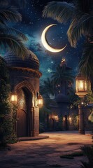 Night scene in a mystical Arabian town.  Crescent moon, buildings, palm trees, lanterns