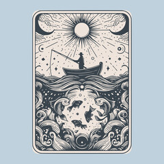 card design of fisherman facing oceanic terror drawn in faded vector lines