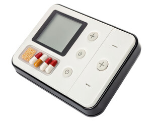 Smart electronic medication organizer with a digital display on a transparent background