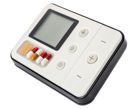 Smart electronic medication organizer with a digital display on a transparent background