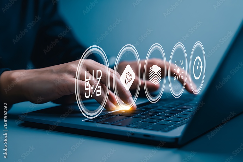 Poster person typing on laptop with digital interface icons showing data analysis and progress hands