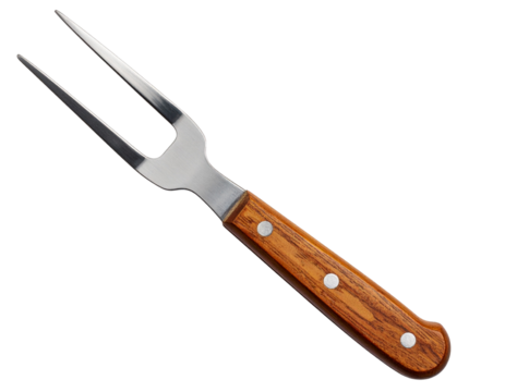 Top Down View of Large BBQ Fork with Wooden Handle and Steel Rivets isolated on a transparent background PNG