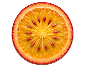 Cross section of a ripe passion fruit with red seeds on a transparent background