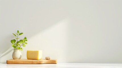 Cheese and Plant on Wooden Board, Minimalist Still Life