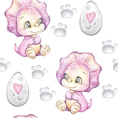 Naklejka premium Watercolor seamless pattern featuring cute baby dinosaur characters and heart shaped egg designs for a playful background or wallpaper