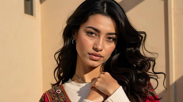 A graceful portrait captures a Palestinian woman wearing an embroidered kuffiyeh and cream turtleneck, radiating calm elegance and cultural empowerment in soft light