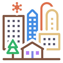 Fototapeta premium Urban Landscape Illustration Featuring Buildings, Trees, and Snowflakes for Websites, Blogs, Educational Materials, and Urban Development Awareness 