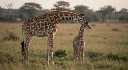 Fototapeta premium A giraffe bends its neck to nuzzle a smaller giraffe in a grassy field, with trees in the background.