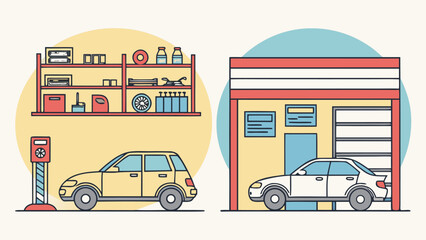 Clean Line Art Illustration: Auto Repair Shop Exterior and Organized Garage Interior with Cars, Tools, and Supplies, Representing Automotive Maintenance and Service.