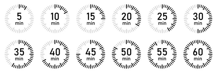 Clean circular countdown timer icons in black and gray showing time from 5 to 60 minutes. Ideal for UI UX design, fitness apps, digital dashboards, video overlays, and loading screens. Vector icons.