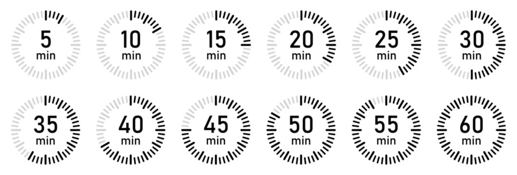 Clean circular countdown timer icons in black and gray showing time from 5 to 60 minutes. Ideal for UI UX design, fitness apps, digital dashboards, video overlays, and loading screens. Vector icons.