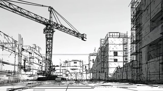 Construction site with crane and buildings under development, showcasing urban progress and activity