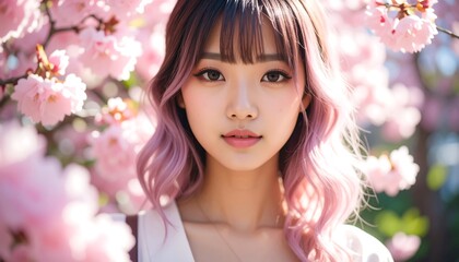 Naklejka premium Anime girl amid cherry bloom