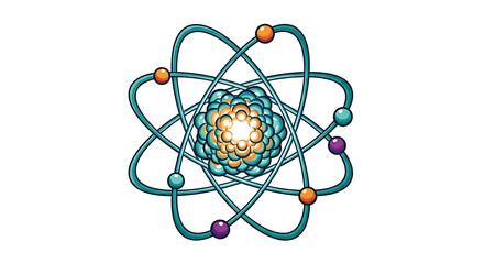 Illustration of an atom with orbiting electrons and a bright central nucleus on a white background