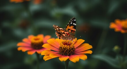 Obraz premium A painted lady butterfly rests atop a vibrant orange Zinnia flower, surrounded by greenery in a garden setting.
