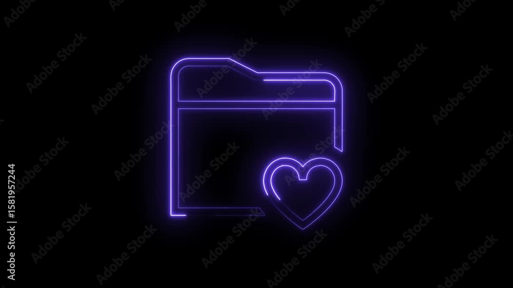 Poster glowing neon folder icon with heart shape animation on black background