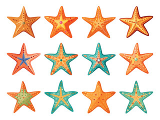 Colorful patterned starfish collection sea creatures marine life