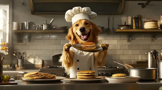golden retriever in chef hat flipping pancakes in a kitchen, natural lighting and detailed textures
