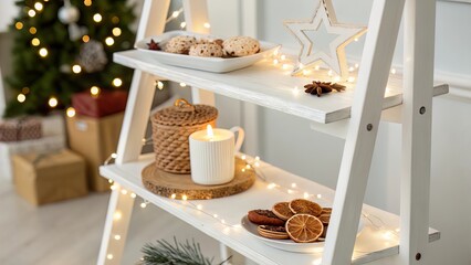 Naklejka premium White Shelf with Fairy Lights for Elegant Seasonal Product Displays