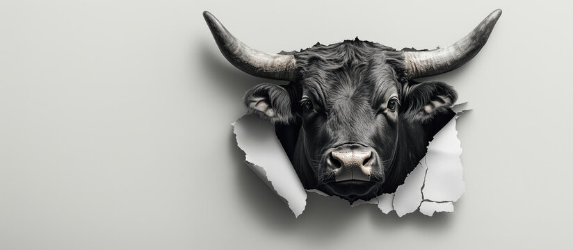 Realistic bull head breaking through wall in 3D effect with torn paper texture.