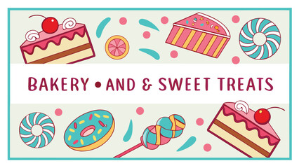 Naklejka premium Delightful Bakery and Sweet Treats Illustration: Cartoon Cakes, Donuts, and Candies in a Playful, Whimsical Style, Perfect for Branding or Website Design.