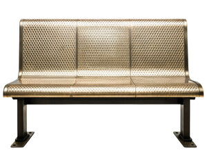 Modern metal public bench with a perforated textured seat on a transparent background