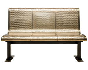Modern metal public bench with a perforated textured seat on a transparent background