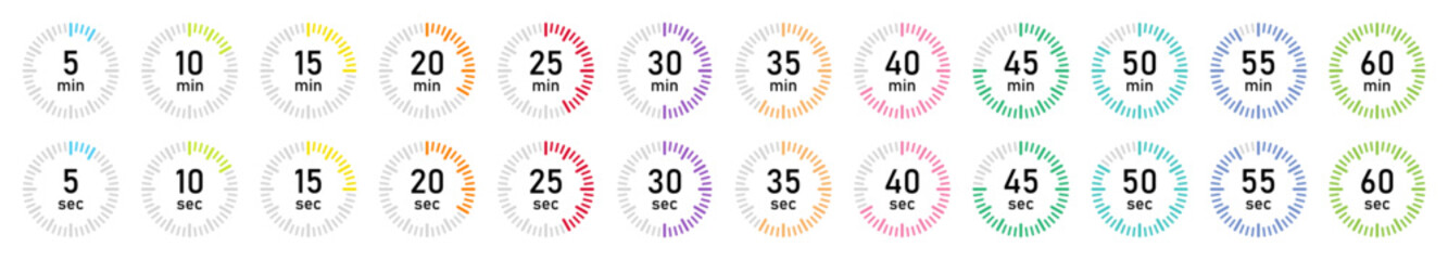 Vibrant circular countdown timer icons from 5 to 60 seconds and minutes. Multicolor UI elements for apps, video overlays, infographic, or digital interfaces. Clean, modern design. Vector illustration.