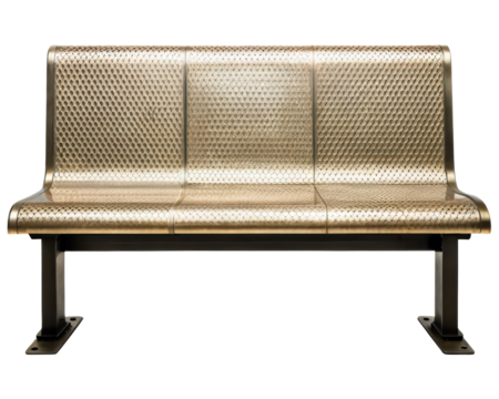 Modern metal public bench with a perforated textured seat on a transparent background