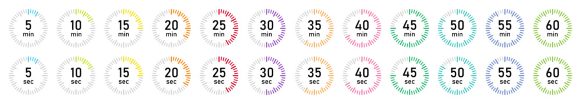 Vibrant circular countdown timer icons from 5 to 60 seconds and minutes. Multicolor UI elements for apps, video overlays, infographic, or digital interfaces. Clean, modern design. Vector illustration.