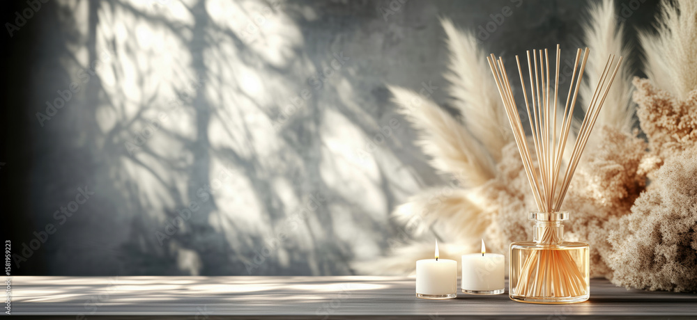 Poster aromatic diffuser and candles with soft shadows in serene interior setting.