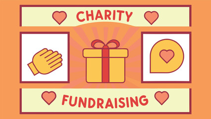 Charity Fundraising Illustration:  Warm, Retro Style Graphic Featuring Gift, Helping Hands, and Heart Icons;  Perfect for Nonprofit Websites, Social Media, and Donation Campaigns.