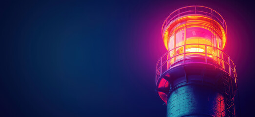 Vibrant lighthouse beacon glowing in dark night sky with colorful illumination.