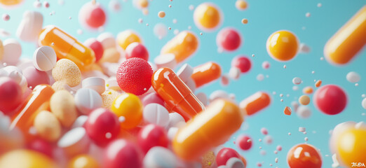 Colorful assortment of pills, capsules, and candies floating in vibrant background.