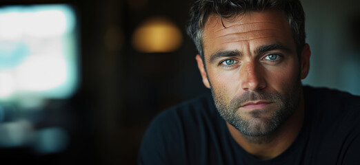 Obraz premium Close-up portrait of a handsome man with striking blue eyes and rugged features.