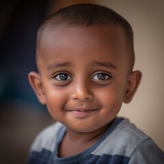 Portrait of a Young Boy with a Sweet Smile. His expressive eyes and gentle expression create a heartwarming image.