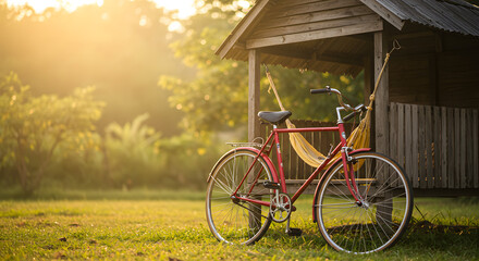 Bike Parked by a Wooden Gazebo at Sunset







