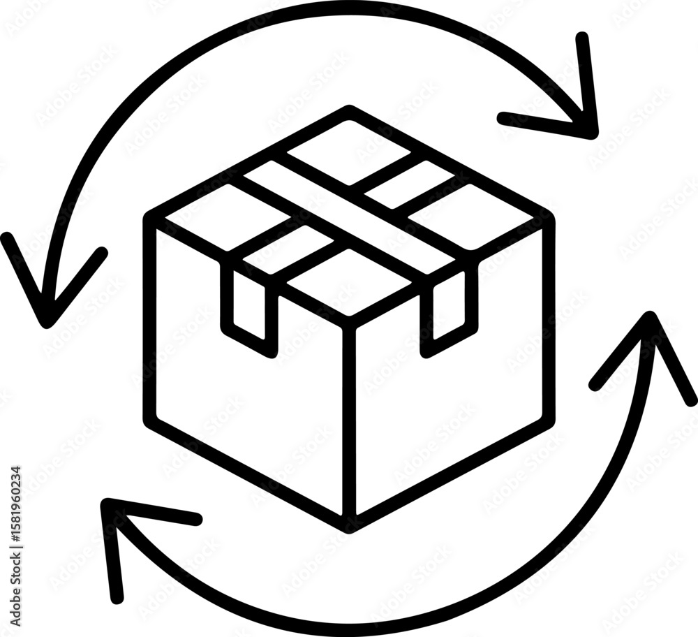 Poster shipping box with circular arrows indicating delivery and return process