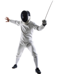 A fencer in action, poised with a saber, ready for a duel, isolated on transparent background