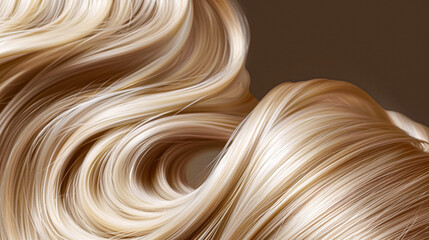 Long, luxurious golden blonde hair with soft waves and curls, shine and healthy texture against a dark background. AI generated