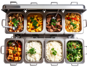  Top Down View of Chafing Dish Warmer with Serving Utensils and Food Inside isolated on transparent background PNG.