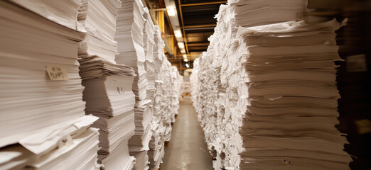 Stacks of white paper in a storage facility creating narrow passageways.