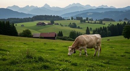 Fototapeta premium A serene rural landscape with grazing cow and traditional farmhouses nestled in a valley, beneath majestic mountains.