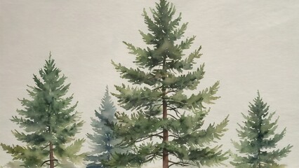 Fototapeta premium A watercolor painting showcases a line of majestic pine trees with detailed foliage against a soft, neutral background