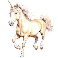 Obraz premium Elegant white unicorn with a golden horn running through a fantasy landscape with flowing mane and tail