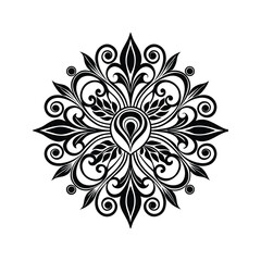 Intricate black floral mandala design with swirling patterns and leaf motifs symmetrical white