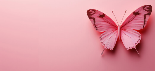 Pink butterfly on soft pink background showcasing delicate design and beauty.
